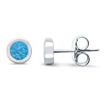 Solitaire Bezel Stud Earrings Round Lab Created Blue Opal 925 Sterling Silver(0.25mm)